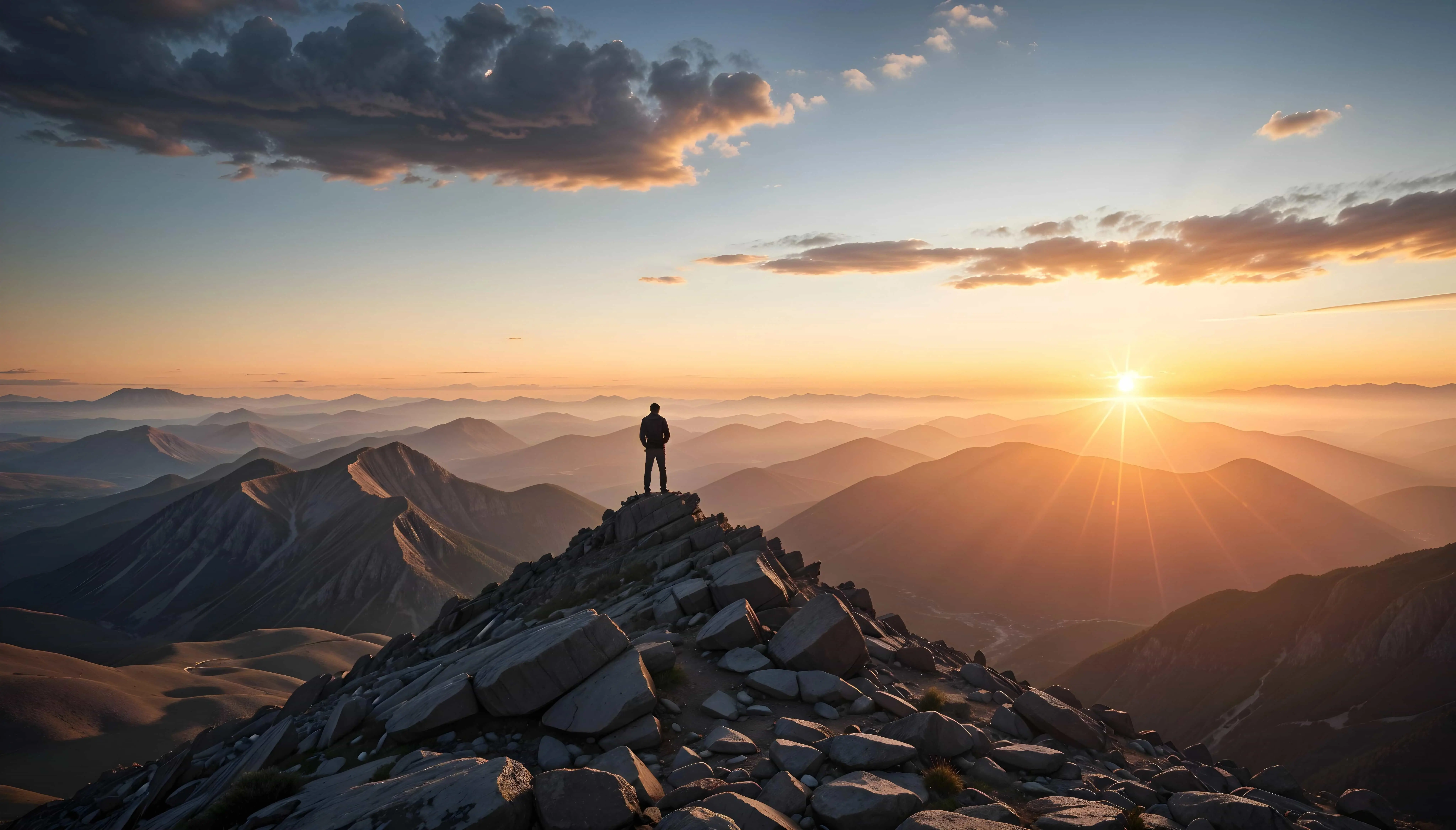 A lone hiker stands triumphantly on a rocky mountain peak, gazing at the expansive landscape of rolling mountain ranges bathed in the warm golden light of sunrise. The sky is partly cloudy, with rays of sunlight piercing through and casting long shadows across the terrain. Layers of misty hills stretch into the horizon, creating a serene and awe-inspiring atmosphere that evokes a sense of accomplishment, solitude, and connection with nature.
